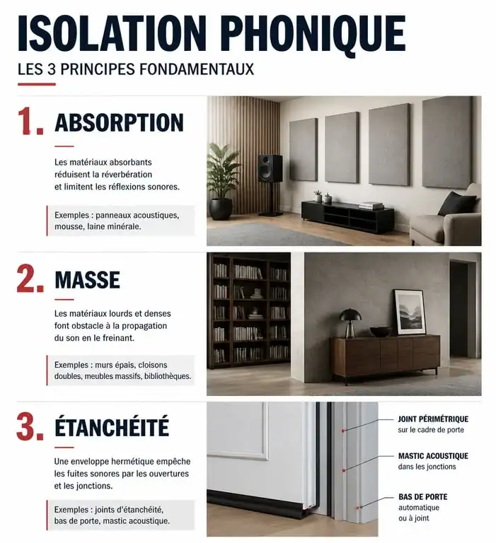 Infographie des principes d'isolation phonique mur chambre sans travaux