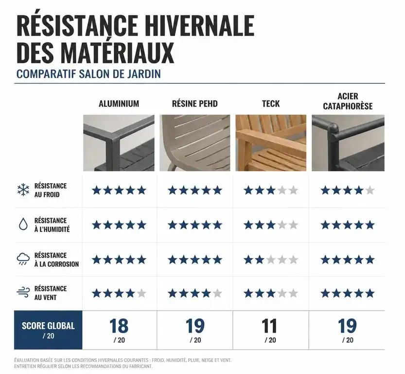 Comparatif des matériaux de salon de jardin résistants à l'hiver : aluminium, résine, teck et acier