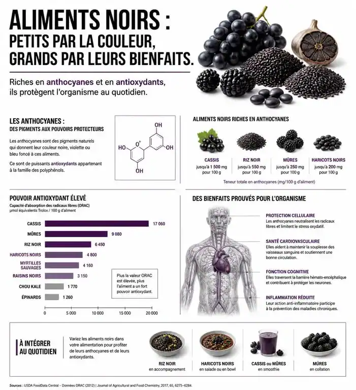 Infographie des bienfaits nutritionnels et antioxydants des aliments noirs pour la santé