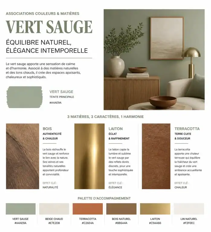 Palette de couleurs et matières pour décoration murale vert sauge