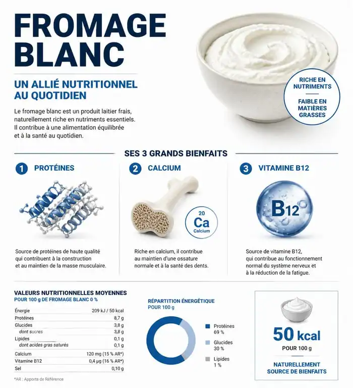 Infographie des bienfaits nutritionnels du fromage blanc : protéines, calcium et vitamines