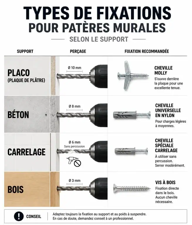 Infographie des méthodes de fixation pour patère murale selon le type de mur
