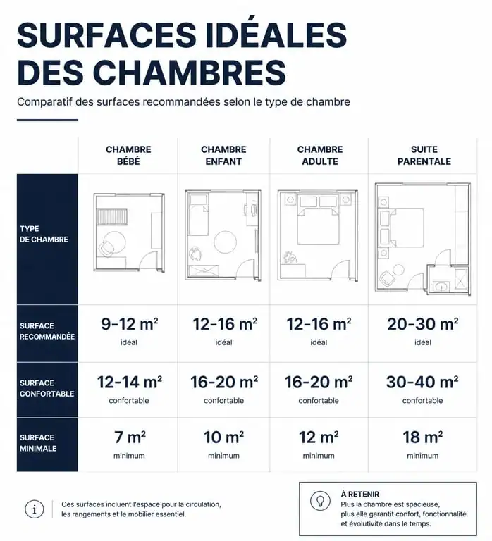 Tableau comparatif des surfaces recommandées pour une chambre selon l'usage : bébé, enfant, adulte et suite parentale.