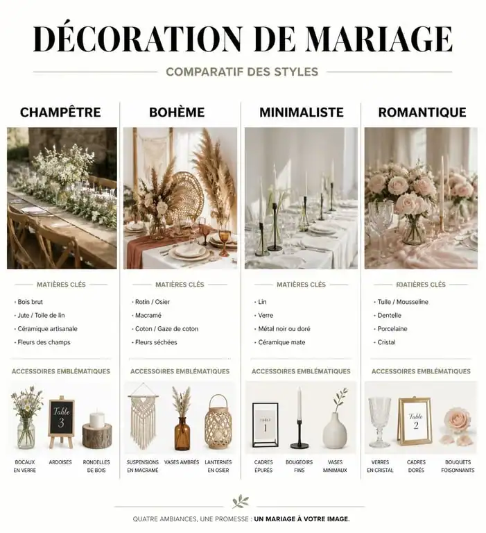 Infographie comparative des styles de décoration de mariage : champêtre, bohème, minimaliste et romantique.