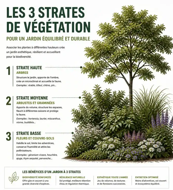 Schéma des strates de végétation pour réussir son jardin : haute, moyenne et basse