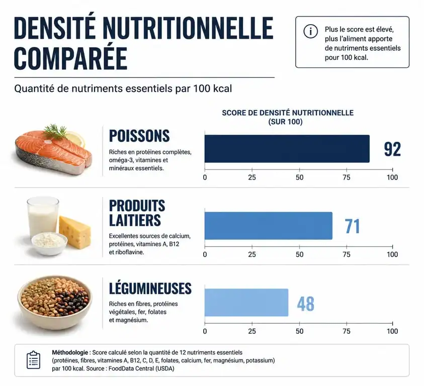 Infographie comparative des valeurs nutritionnelles des aliments : poissons, produits laitiers et légumineuses dans un tableau des aliments.