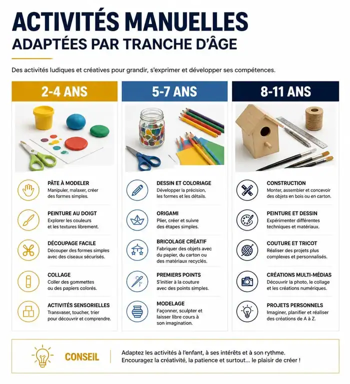 Infographie des idées d'activités manuelles par âge pour enfants