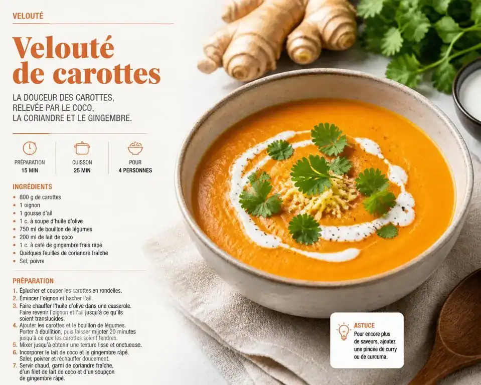Velouté de carottes au lait de coco et gingembre, une recette de carotte savoureuse et onctueuse.