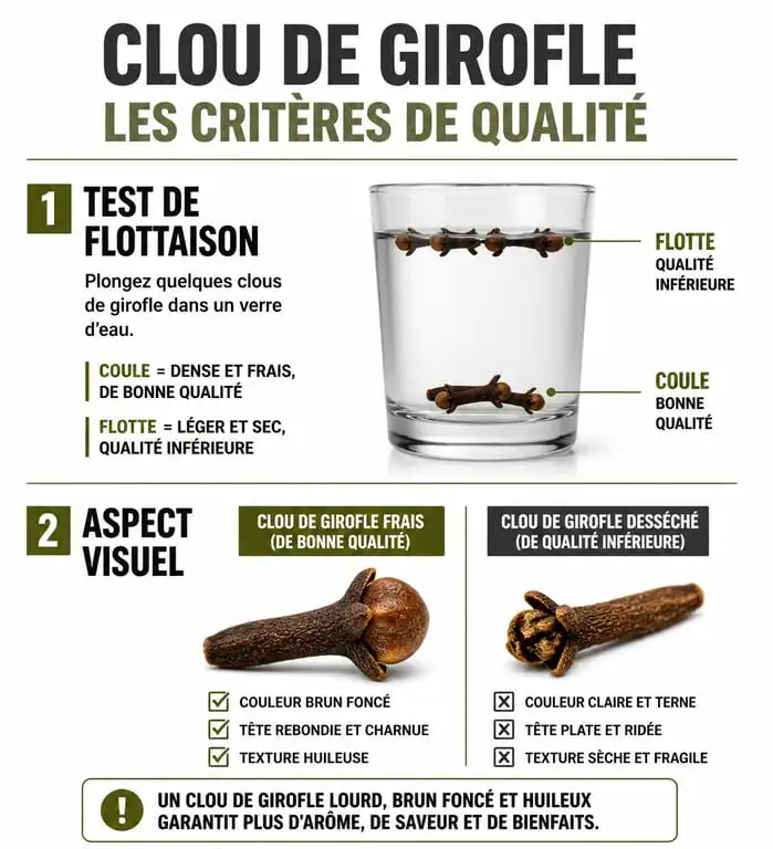Infographie sur les critères de qualité pour choisir et acheter du clou de girofle