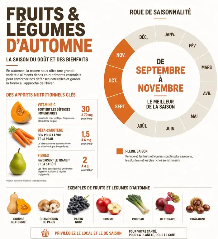 Infographie des fruits et légumes d'automne et leurs bienfaits nutritionnels