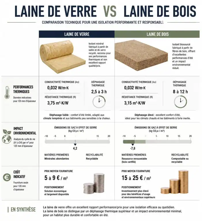 Infographie comparative entre la laine de verre et la laine de bois pour l'isolation thermique