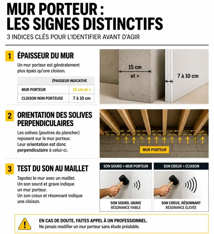 Infographie des méthodes pour reconnaître un mur porteur dans une maison