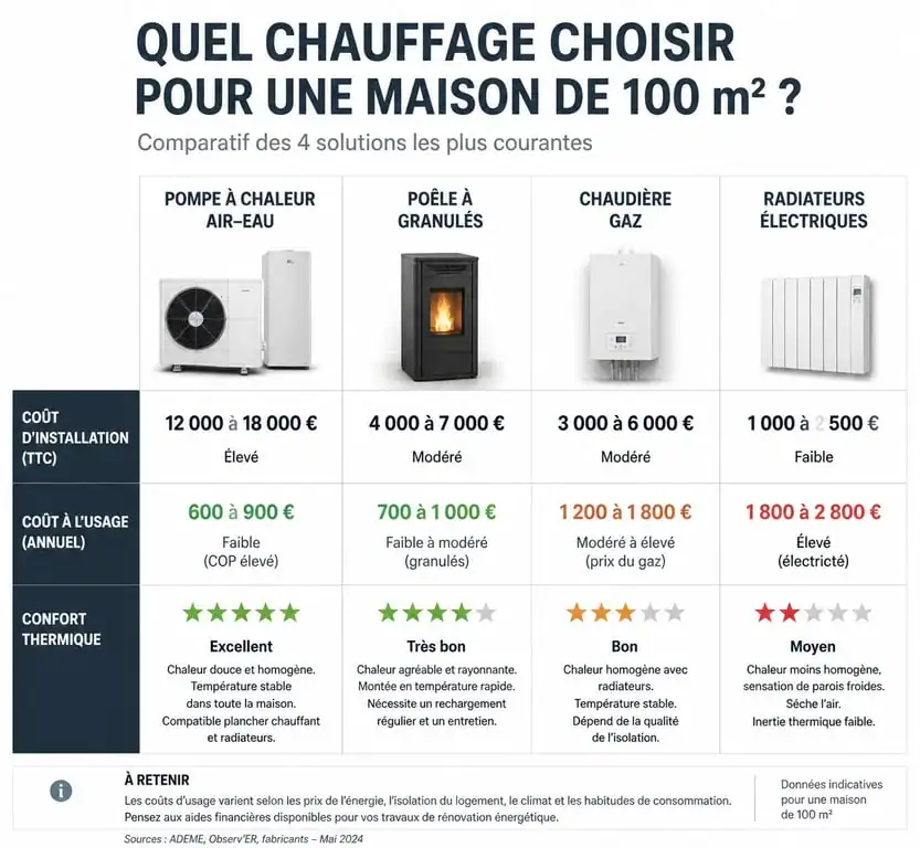 Comparatif des systèmes de chauffage pour une maison de 100m2 : pompe à chaleur, bois, gaz et électrique