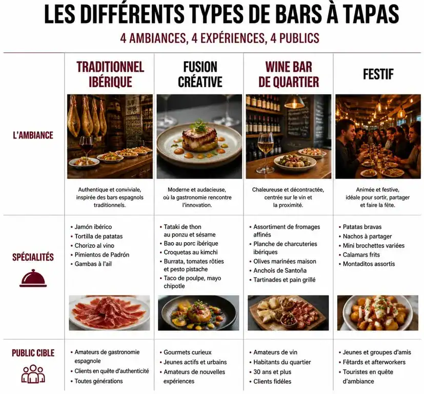 Infographie comparative des styles de bars à tapas pour choisir son lieu idéal