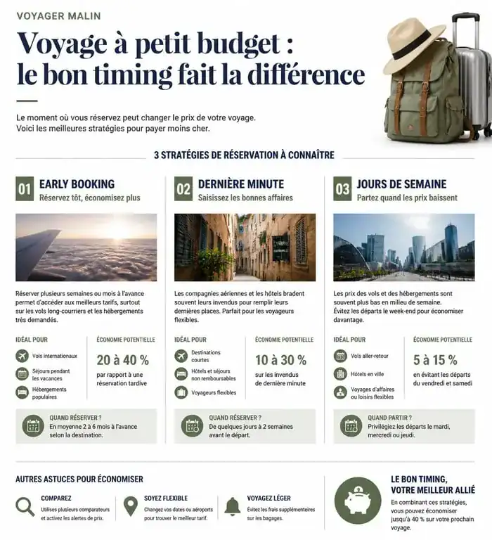 Infographie des astuces pour réussir un voyage 200 euros tout compris en optimisant les périodes de réservation.