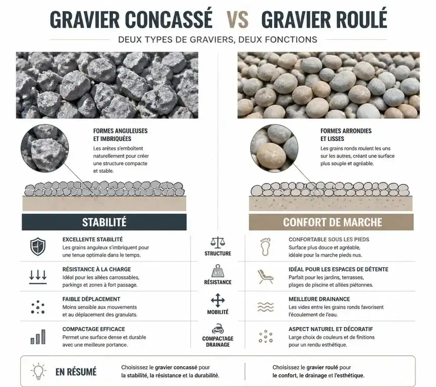 Comparatif visuel entre gravier concassé et gravier roulé pour terrasse