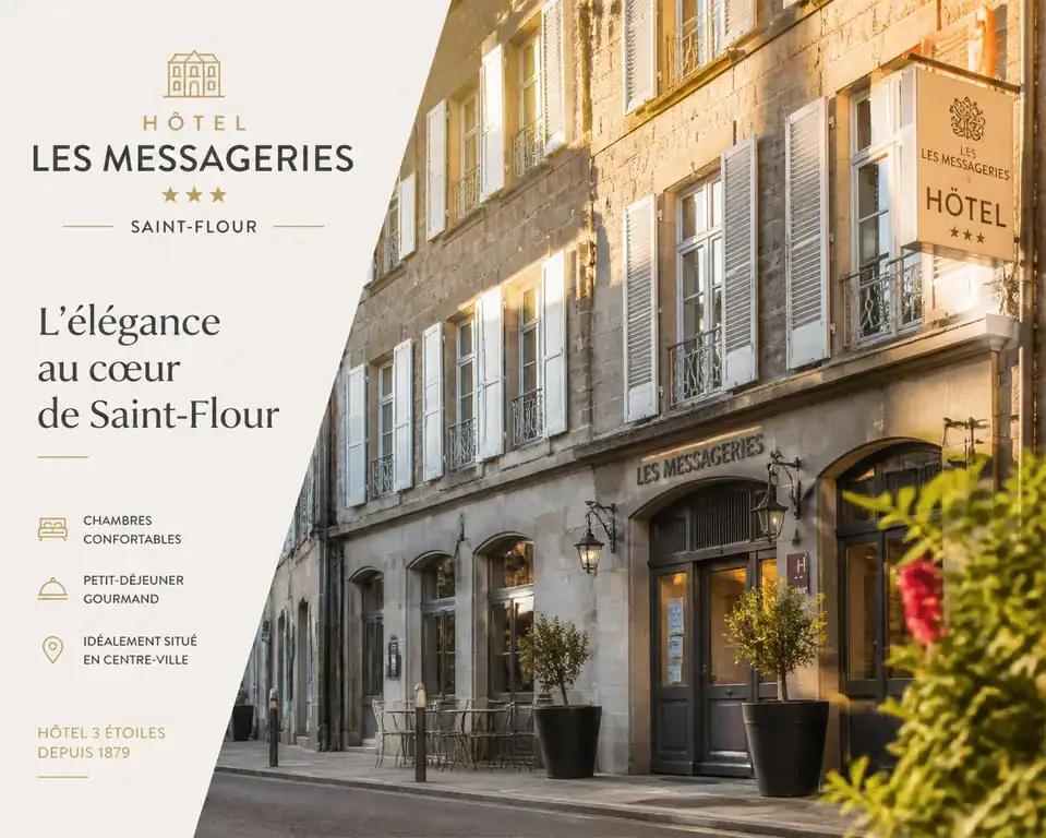 Façade de l'Hôtel Les Messageries à Saint-Flour, un établissement de charme en Auvergne