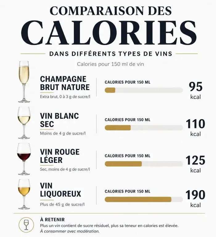 Infographie comparative des calories par type de vin pour identifier le vin le moins calorique