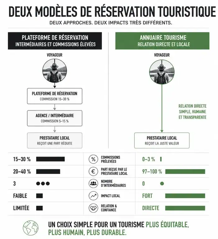 Infographie comparative : annuaire tourisme vs plateforme de réservation pour un voyage authentique