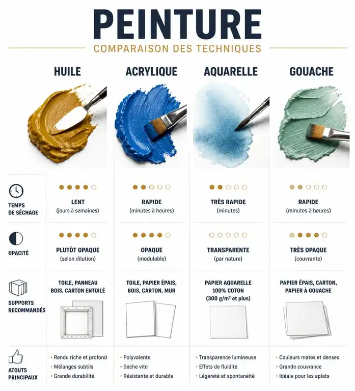 Infographie comparative des techniques de peinture pour artiste peintre : huile, acrylique, aquarelle et gouache.