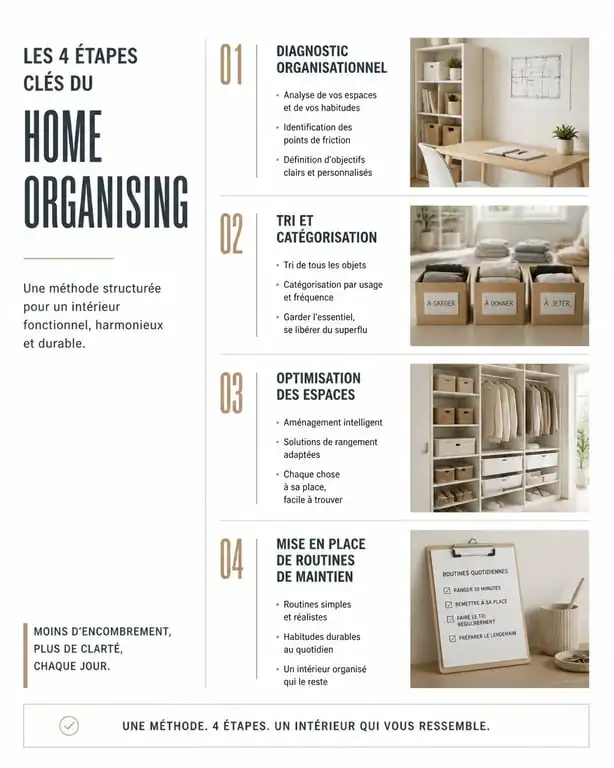 Infographie des étapes d'une intervention d'aide au rangement et home organising