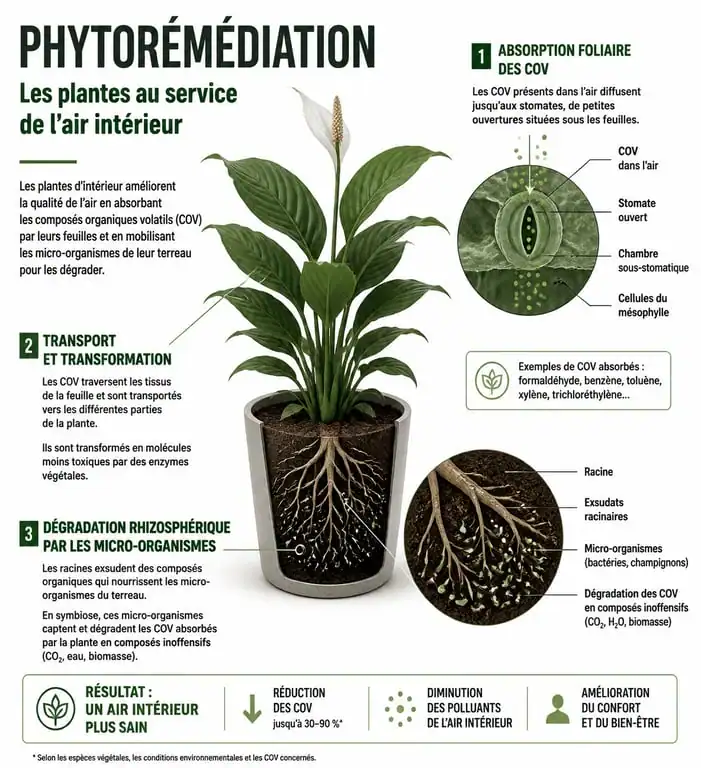 Schéma explicatif du fonctionnement des plantes d'intérieur dépolluantes et de la phytoremédiation