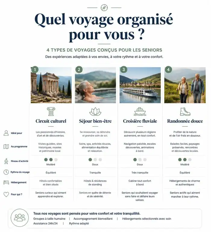 Comparatif des types de voyages organisés pour personnes seules de 70 ans et plus