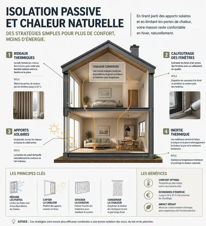 Infographie sur comment chauffer une maison sans chauffage par l'isolation passive