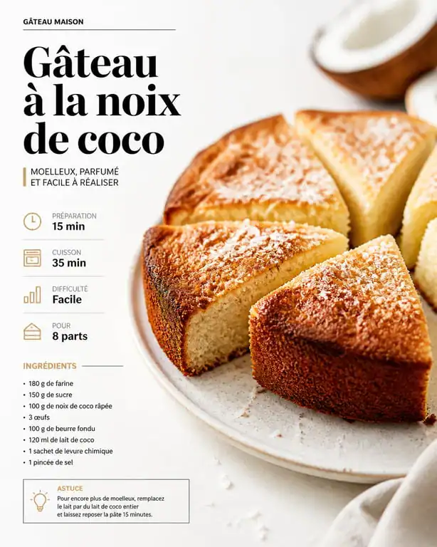 Gâteau à la noix de coco moelleux fait maison sur une assiette
