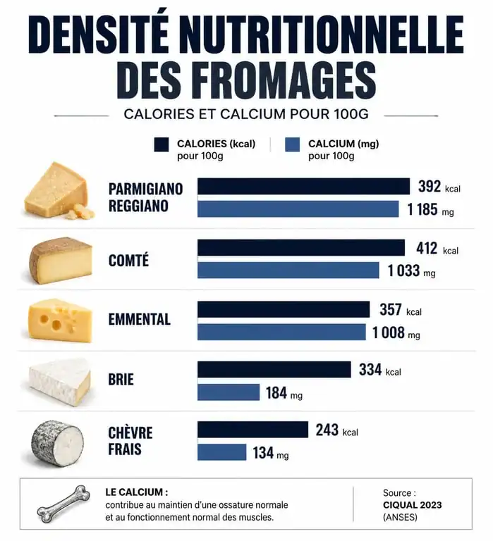 Infographie nutritionnelle : calories et calcium par type de fromage pour une alimentation équilibrée