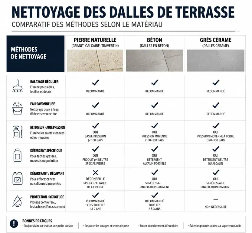 Tableau comparatif des méthodes pour nettoyer dalle de terrasse selon le matériau