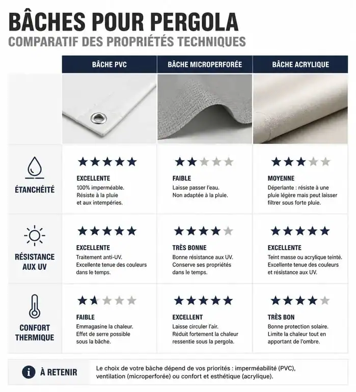 Infographie comparative des matériaux de bâche pour pergola : PVC, microperforée et acrylique pour choisir la meilleure protection.