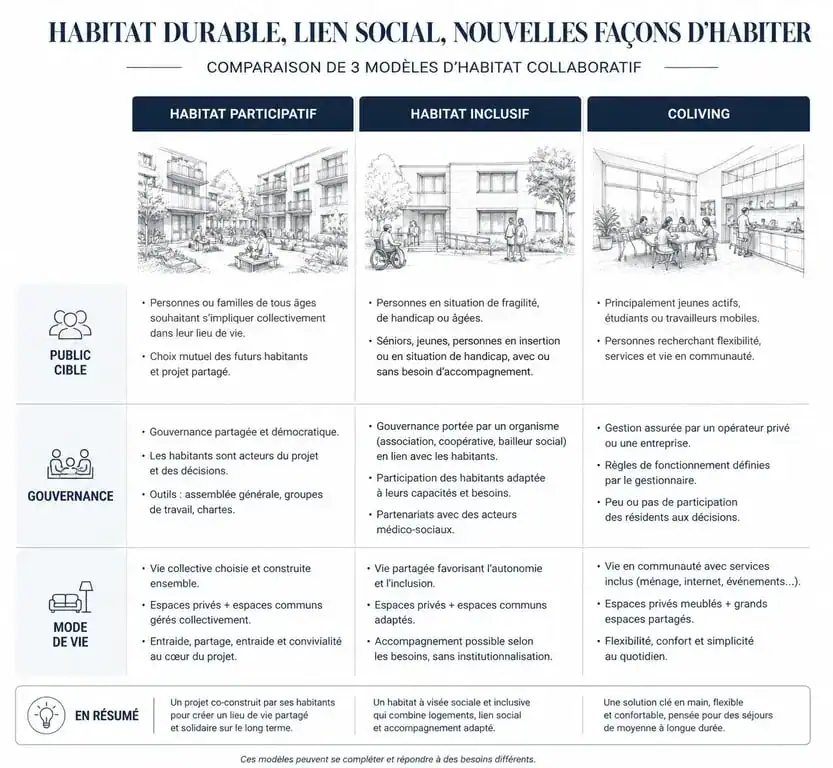 Infographie comparative des différents types d'habitat partagé : habitat participatif, inclusif et coliving