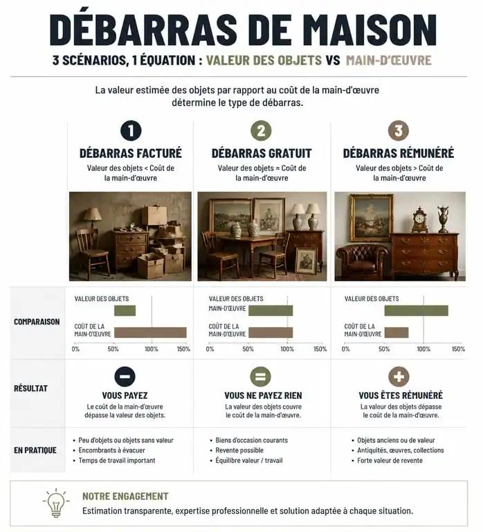 Infographie des trois scénarios de vide maison gratuit selon la valeur des objets et les frais de prestation