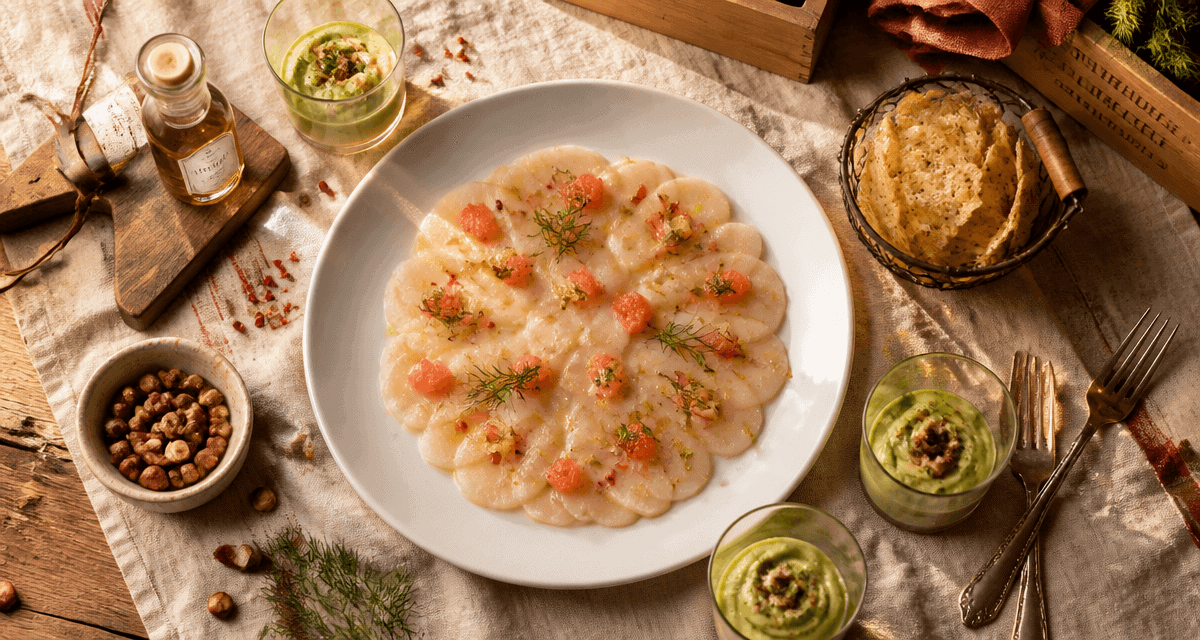 Entrée facile et chic carpaccio Saint-Jacques dressée