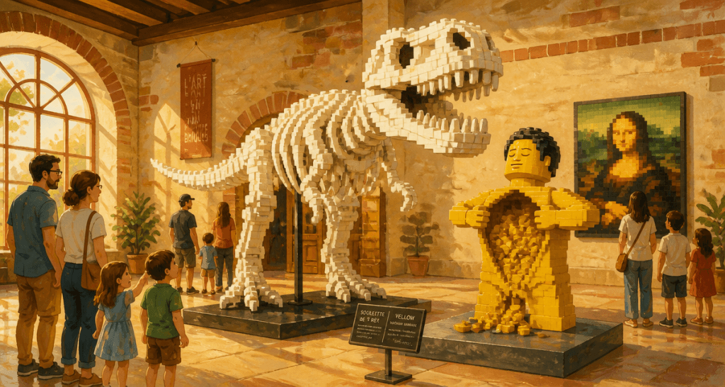 expo lego lyon sculptures t-rex yellow joconde