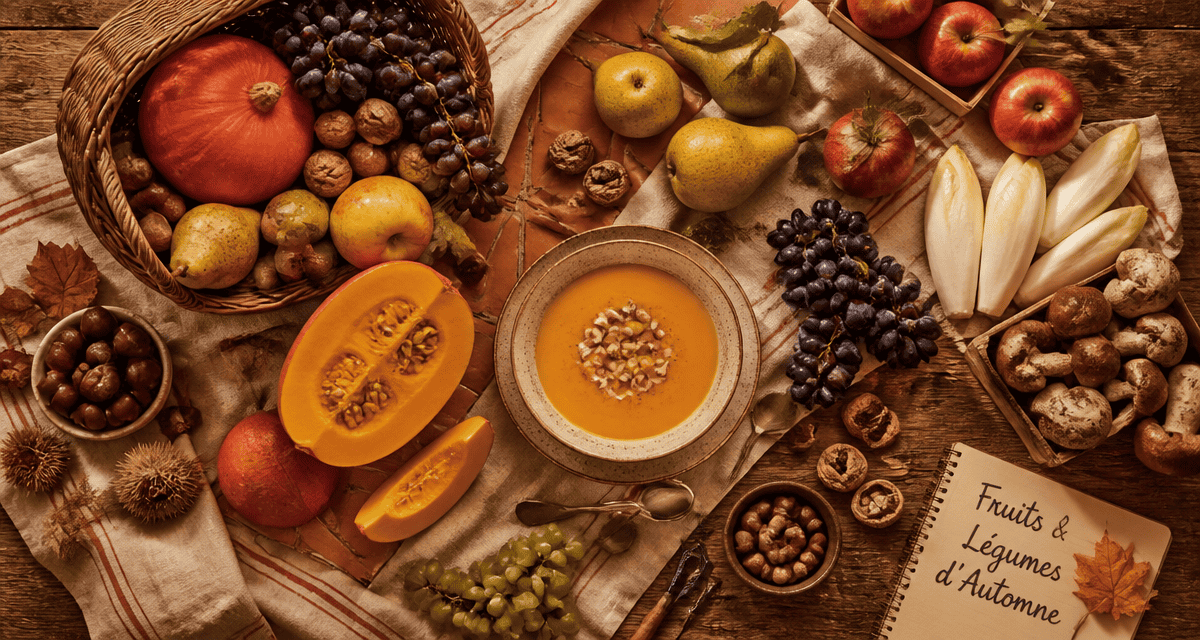 fruit et legume automne sur table rustique avec panier et soupe
