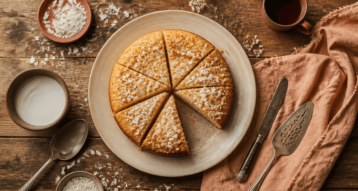 Gateau noix de coco moelleux découpé sur table rustique