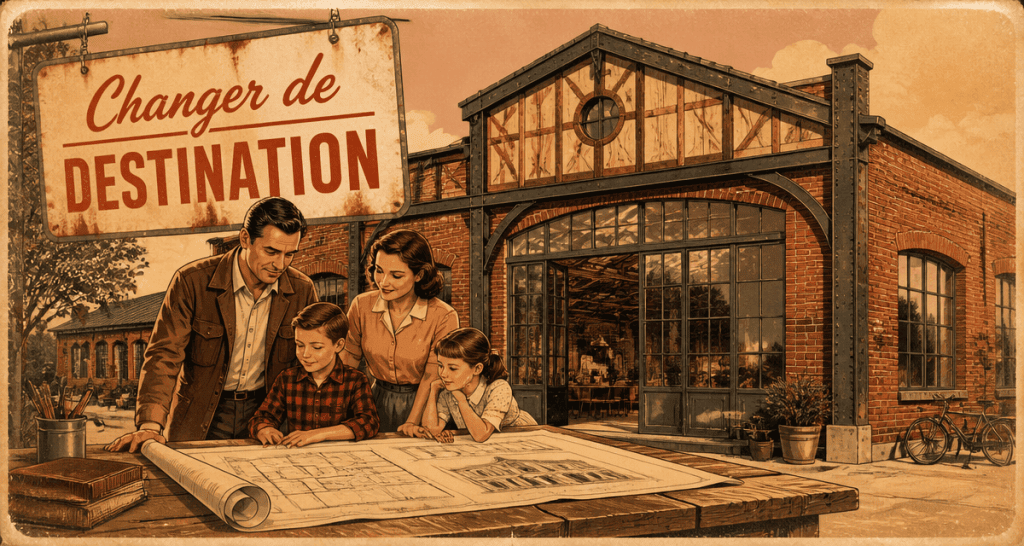 Famille devant un hangar aménagé en maison