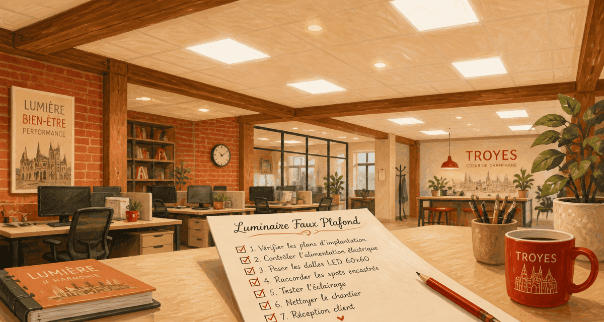 luminaire faux plafond LED dans open-space moderne