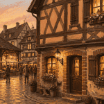 maison à colombage alsacienne, rue pavée, lumière du soir