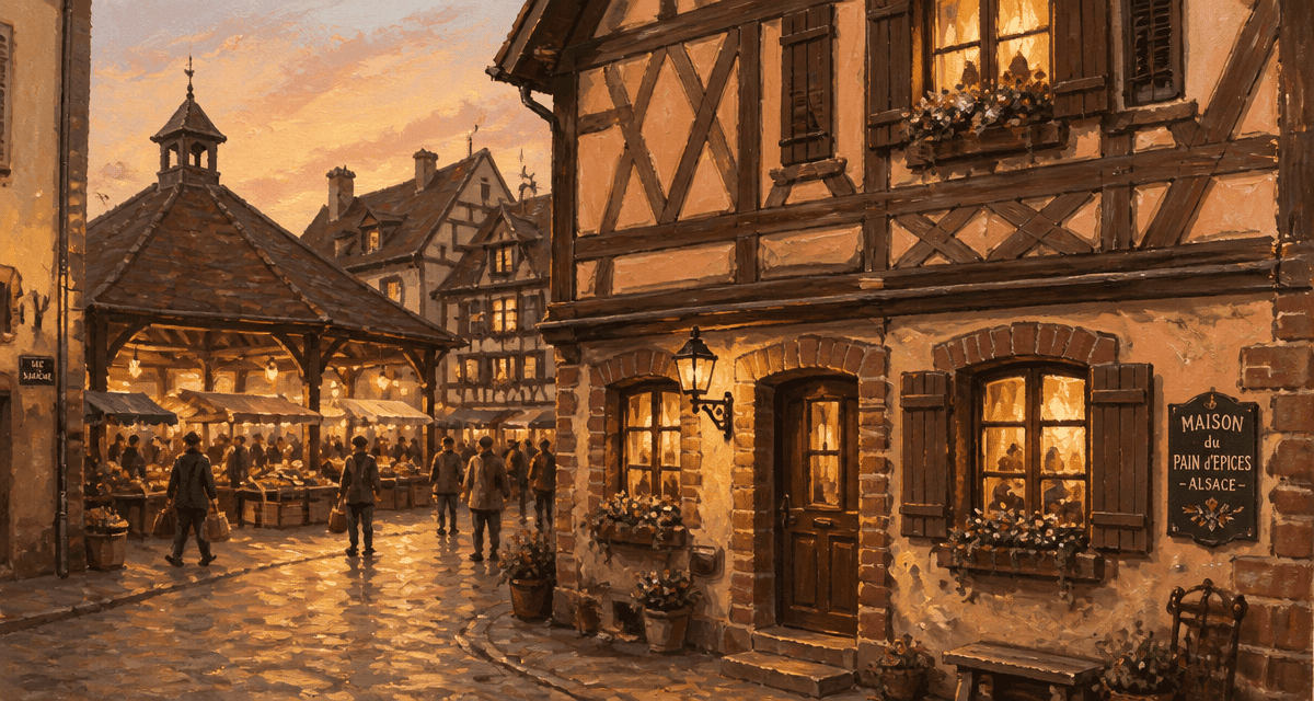 maison à colombage alsacienne, rue pavée, lumière du soir