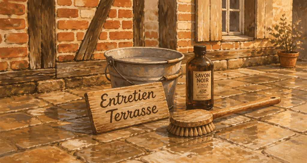 nettoyer dalle de terrasse avec brosse et savon noir