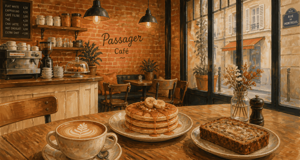 passager cafe brunch pancakes flat white design industriel