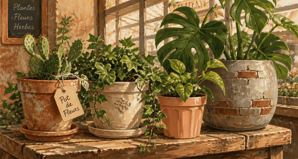 pots de fleurs variés sur table en bois
