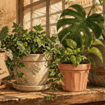 pots de fleurs variés sur table en bois
