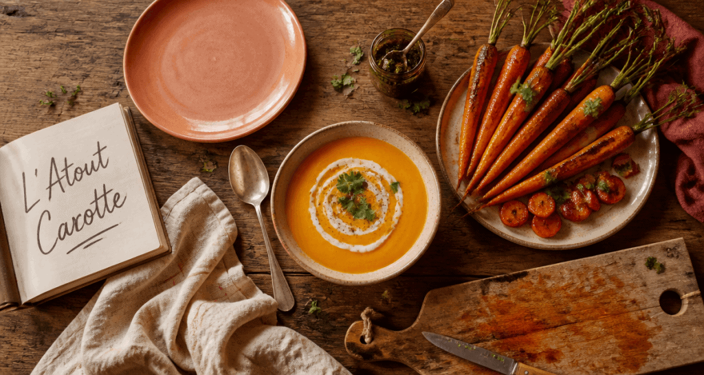 recette carotte sur table rustique avec velouté, rôties et pesto