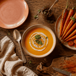recette carotte sur table rustique avec velouté, rôties et pesto