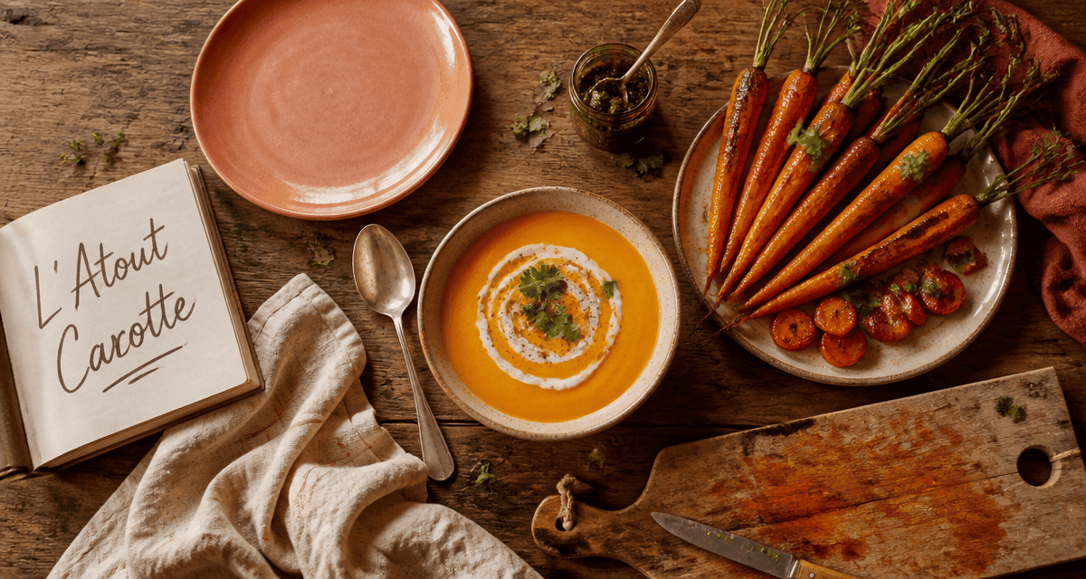 recette carotte sur table rustique avec velouté, rôties et pesto