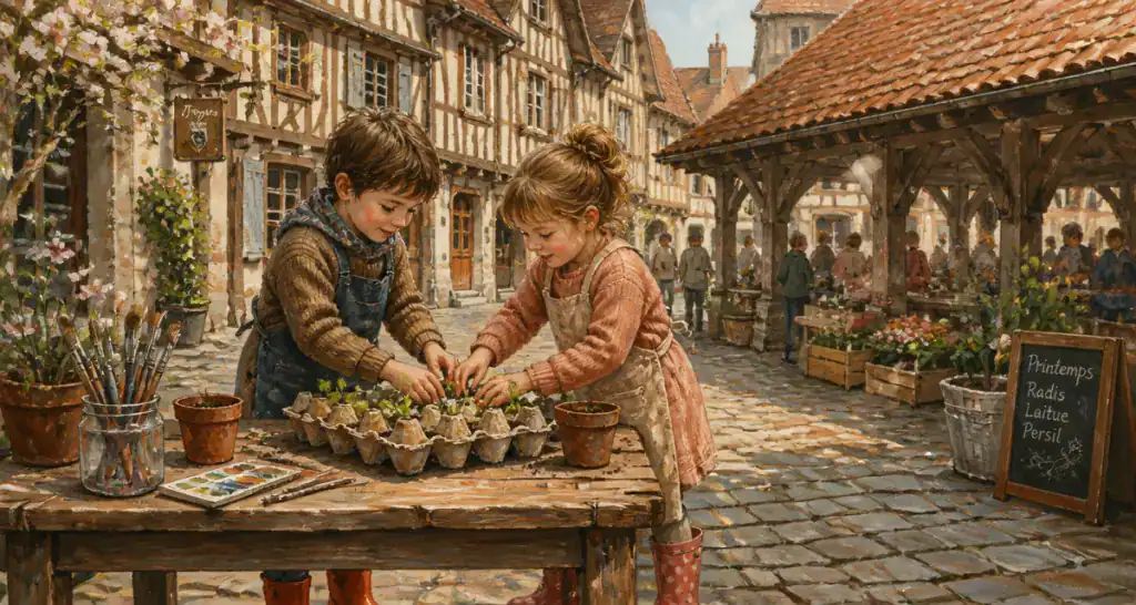 activité printemps enfants plantent semis village troyen